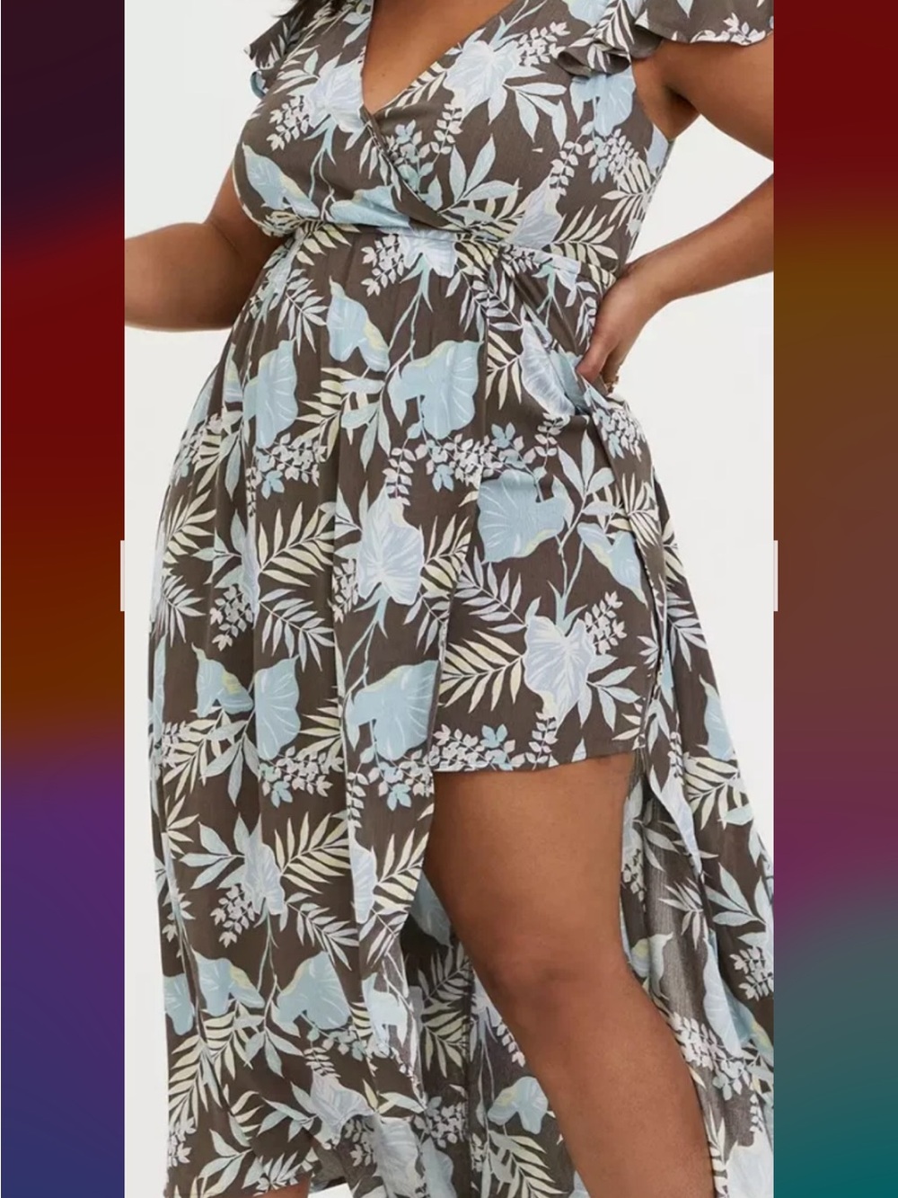 Plus Size Floral Wrap High-Low Dress in Brown and Light Blue